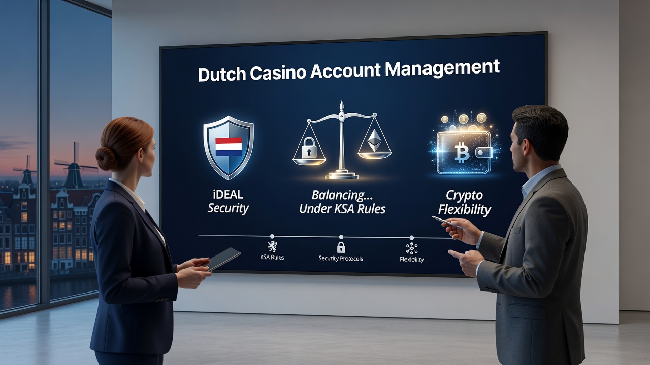 Illustratie van accountbeheer in Nederlandse casino's met iDEAL en crypto onder KSA-regels
