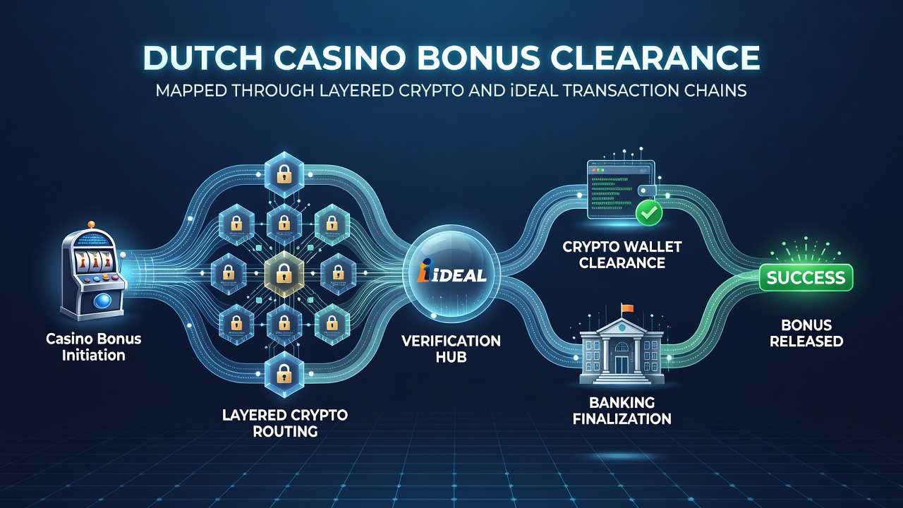 Diagram van gelaagde iDEAL en crypto transactieketens voor bonusafhandeling in Nederlandse casino's