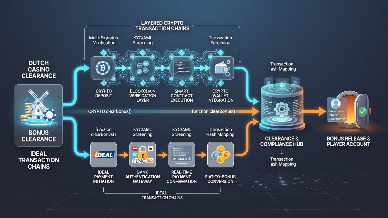 Illustratie van gelaagde crypto en iDEAL ketens met timing en verificatiestappen in Nederlandse casino context