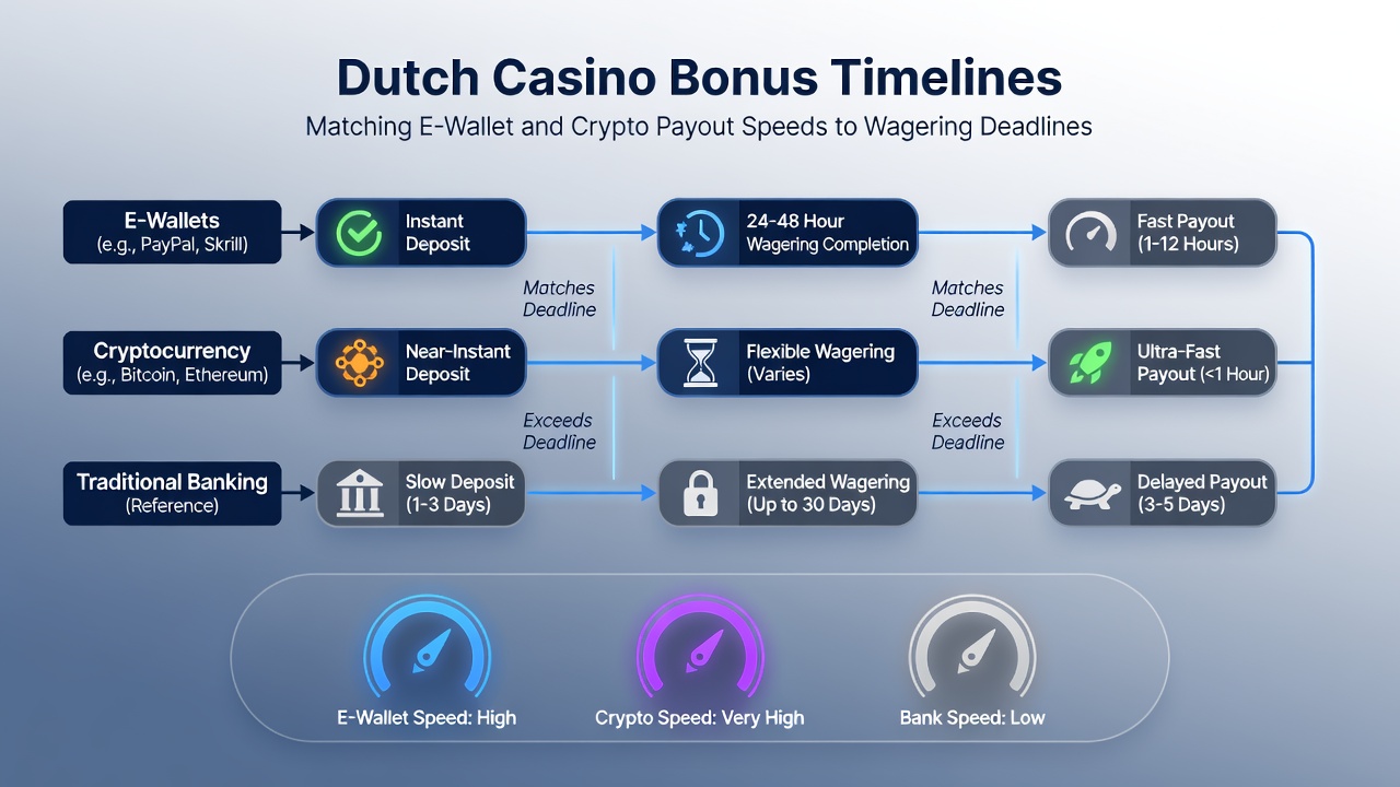 Grafiek die e-wallet en crypto uitbetalingssnelheden vergelijkt met bonusdeadlines in Nederlandse casino's
