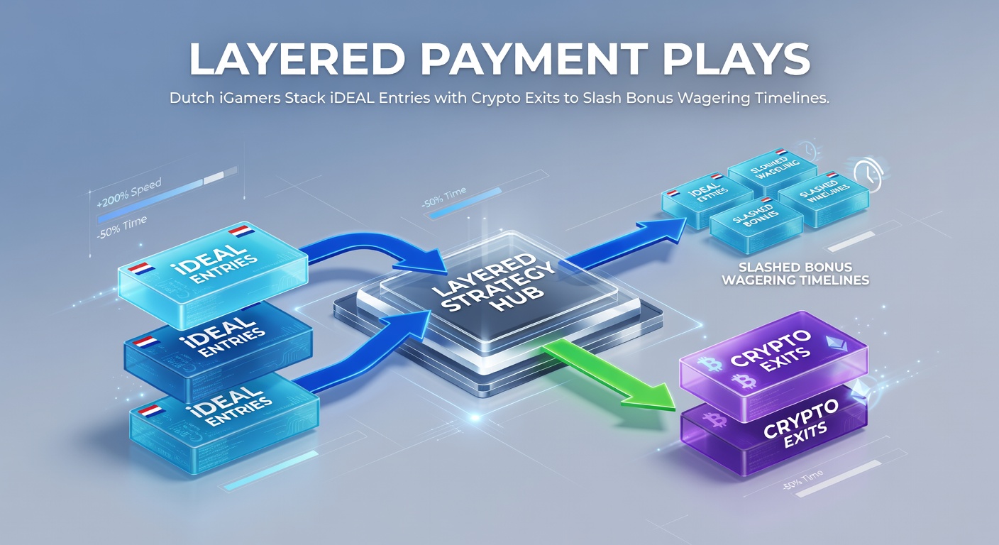 Grafiek van gelaagde betaalstromen met iDEAL-inleg en crypto-uitstroom in Nederlandse online casino's, illustrerend versnelde bonus wagering