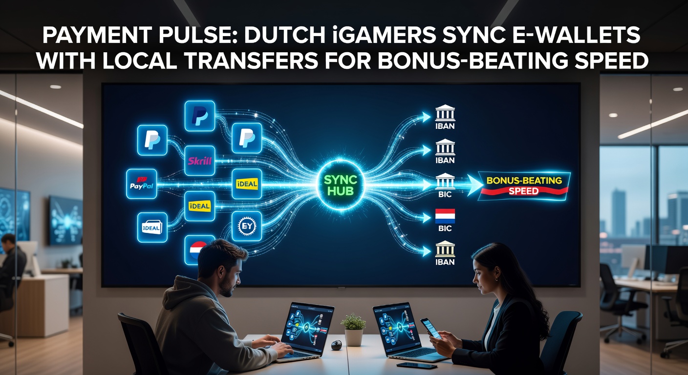Grafiek met pijlen die e-wallet en iDEAL-transfers synchroniseren voor snellere casino-bonussen in Nederland