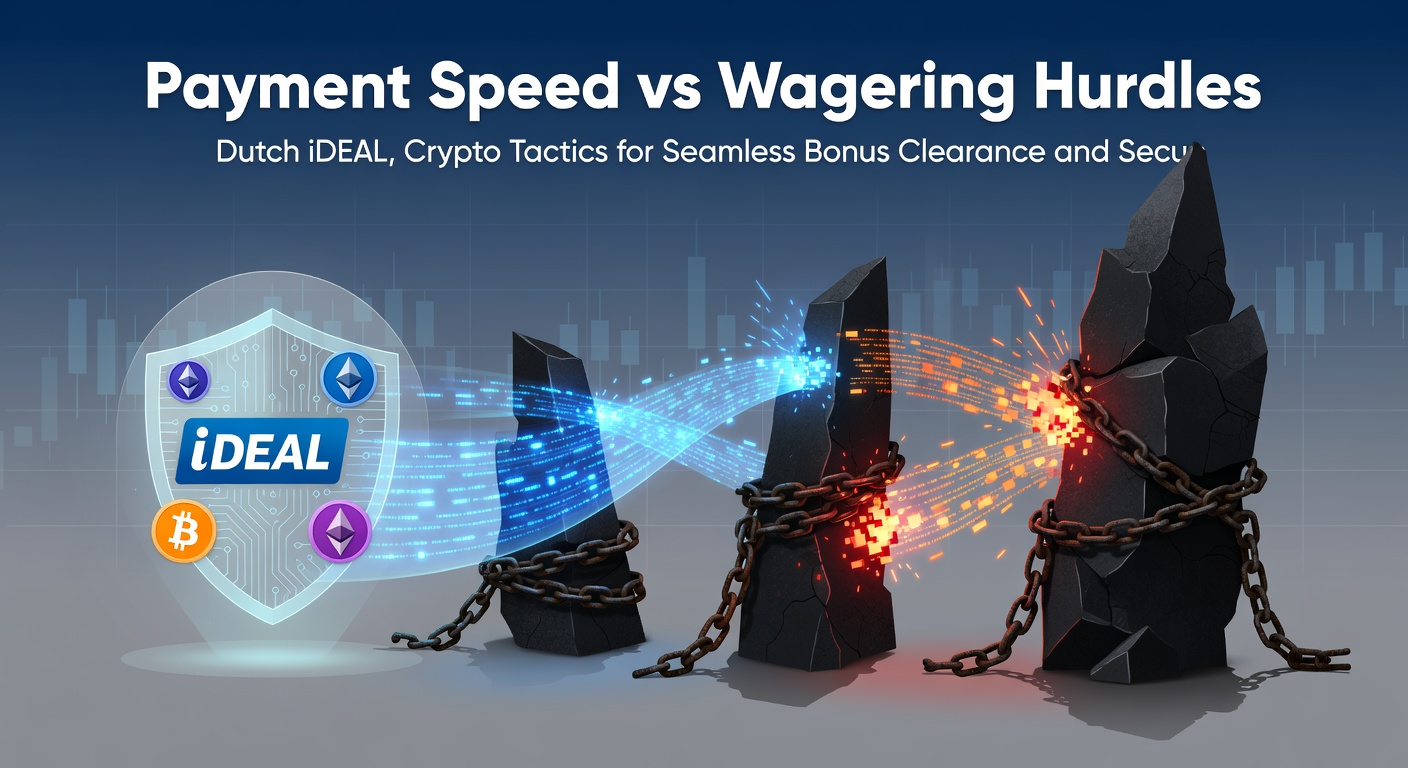 Illustratie van iDEAL- en crypto-flows met pijlen die bonus wagering en uitbetalingen verbinden in een Nederlands casino-context