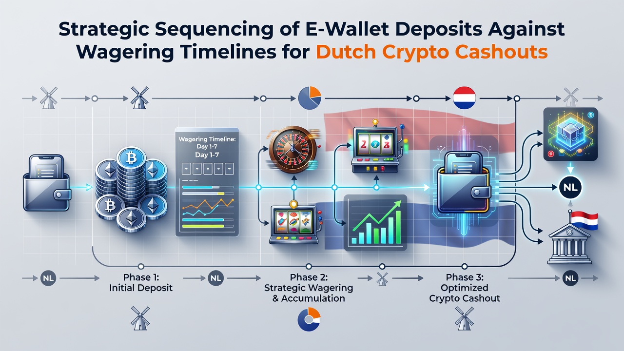 Illustratie van crypto cashout proces met e-wallet deposits en timelines in Nederlandse gokomgeving