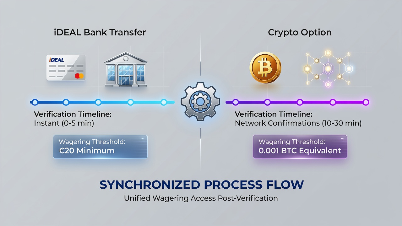 Diagram dat timingverschillen tussen iDEAL en crypto stortingen in relatie tot inzetdrempels weergeeft