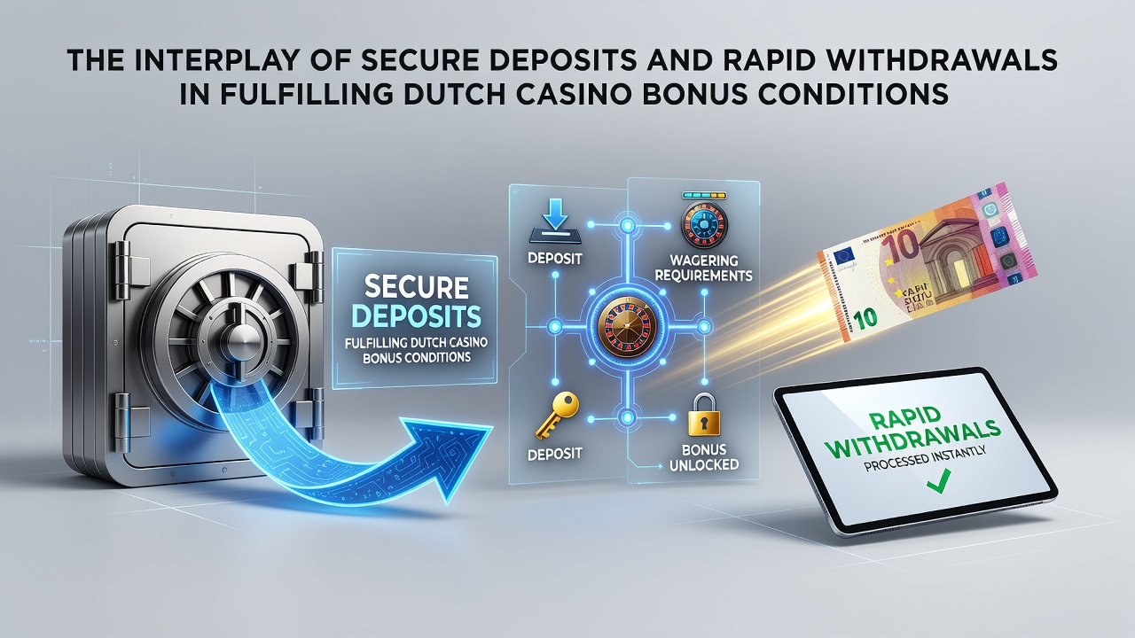 Illustratie van veilige stortingen en snelle uitbetalingen in Nederlandse online casino's met focus op bonusvoorwaarden
