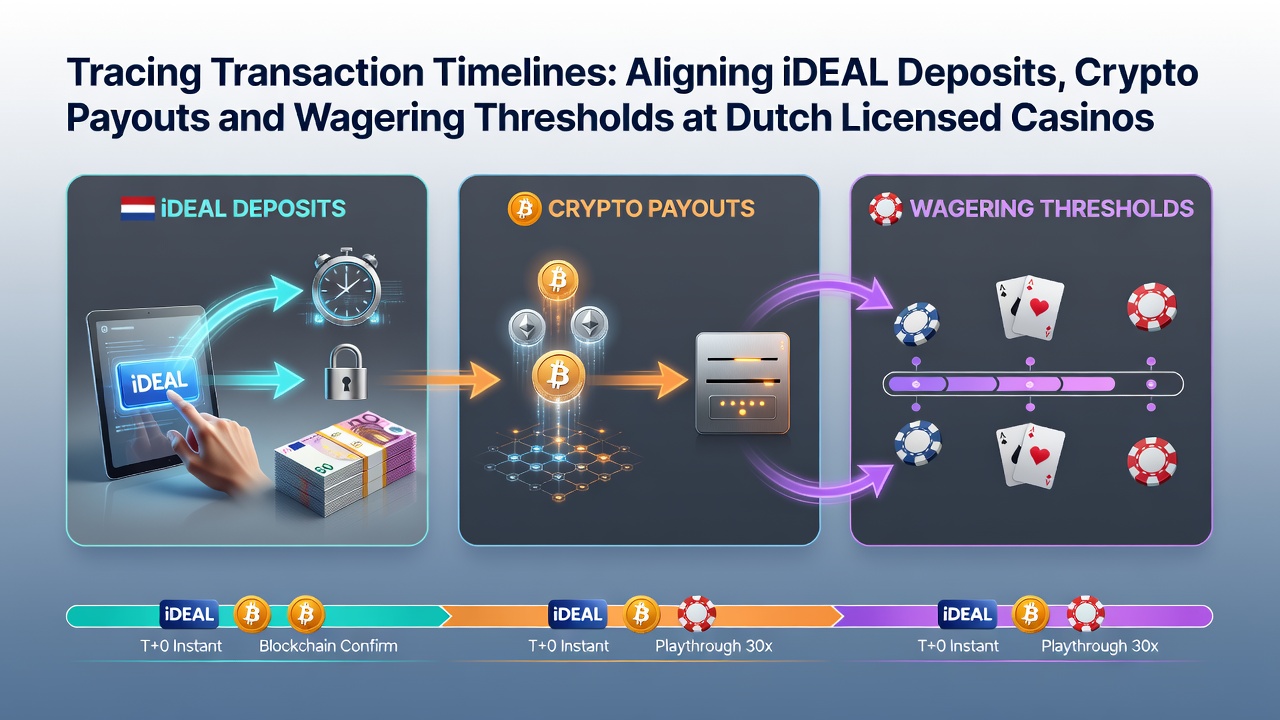 Diagram van transactietimelines met iDEAL stortingen en crypto uitbetalingen bij Nederlandse casino's