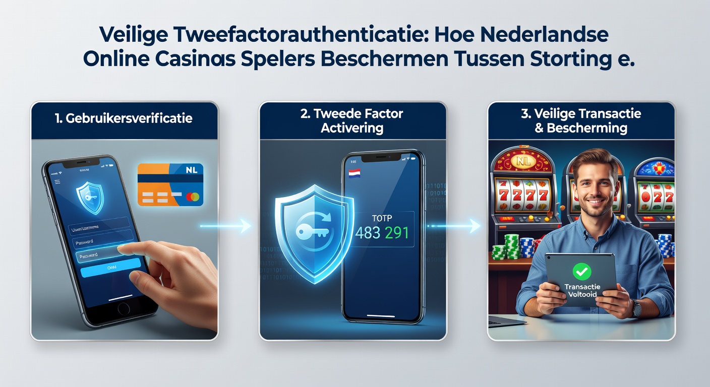 Grafiek met 2FA-beveiligingslagen in een casino-transactieproces, van login tot cashout, met sloten en codes zichtbaar